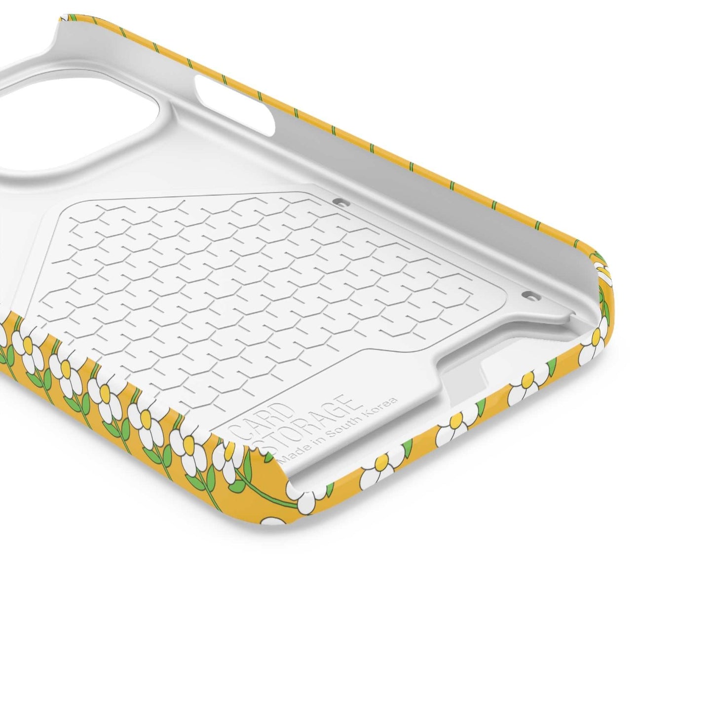 Floral Phone Case with card holder, yellow daisy design, durable polycarbonate, slim and lightweight protective cover