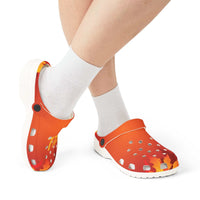 Fall-themed EVA foam clogs with vibrant autumn leaf print worn with white socks
