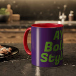 Colorful custom mug with purple exterior, red handle and interior, bold green text, glossy ceramic finish on kitchen counter