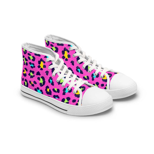 Trendy leopard print women’s high top sneakers with white soles and laces