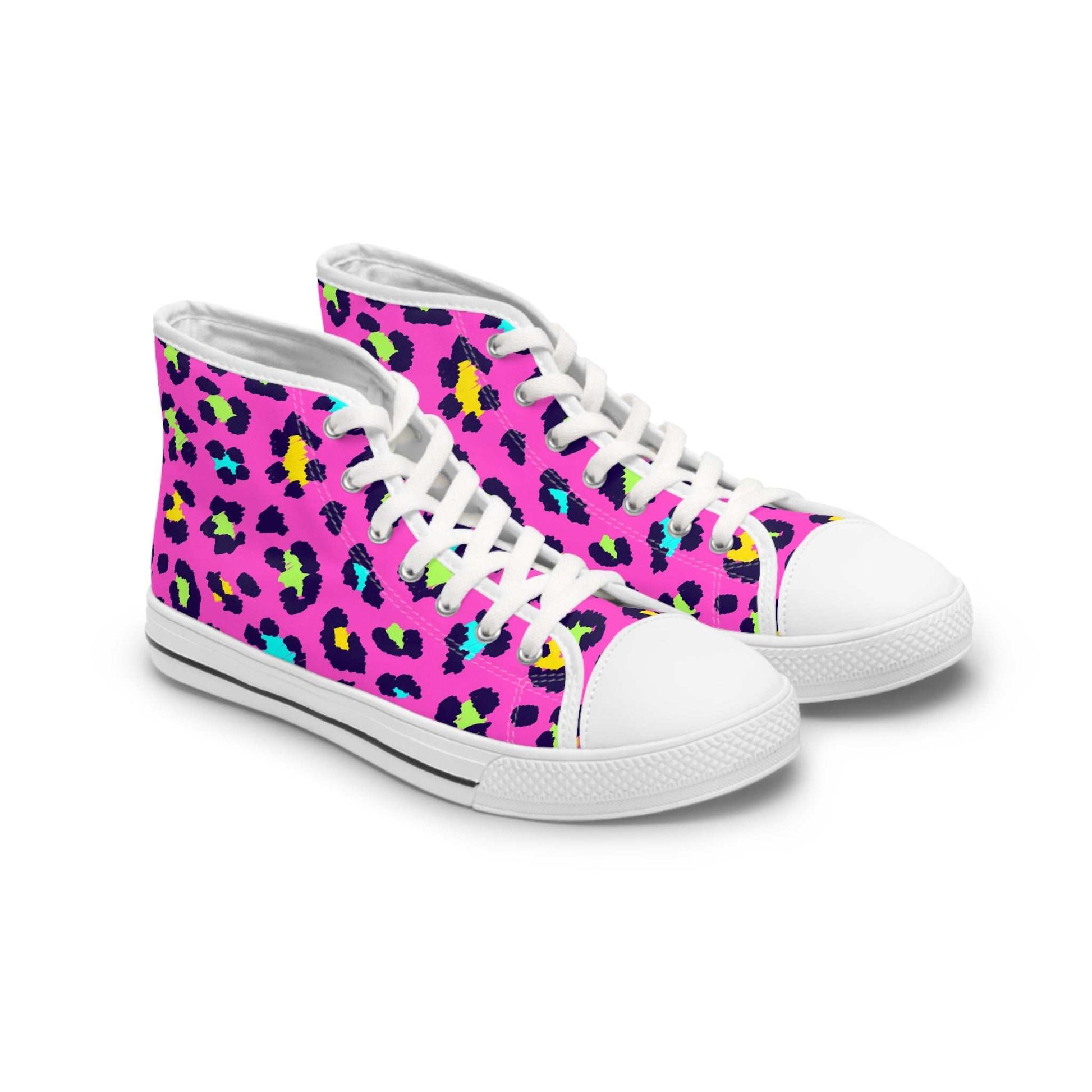Trendy leopard print women’s high top sneakers with white soles and laces