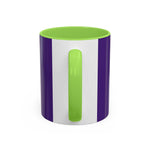 Colorful custom mug with green handle and interior, purple and white striped exterior, glossy ceramic finish