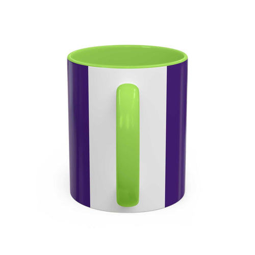 Colorful custom mug with green handle and interior, purple and white striped exterior, glossy ceramic finish