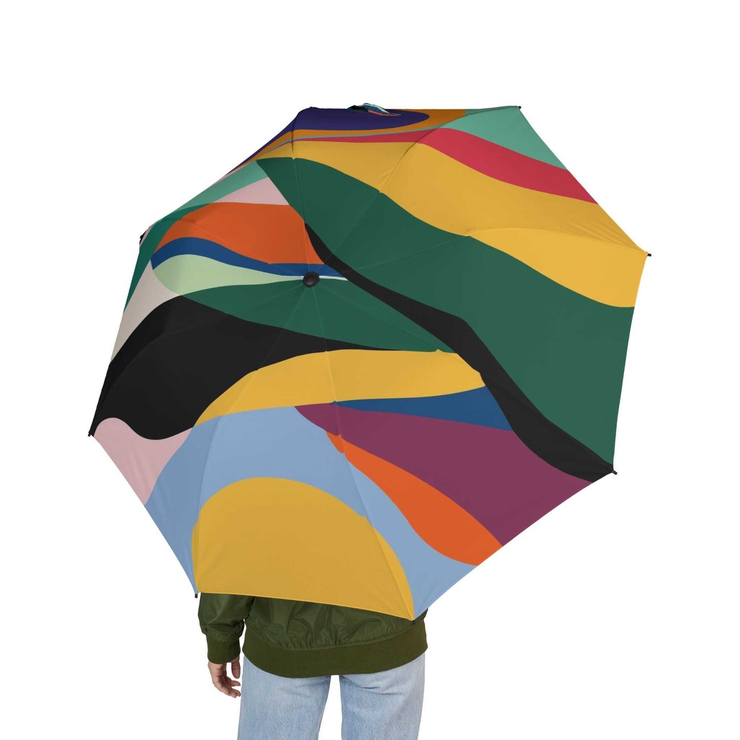 Colorful foldable umbrella with semi-automatic open, durable polyester fabric, and compact design for travel and rain protection