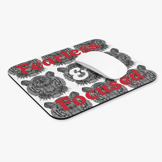 Fearless & Focused tiger mouse pad with bold red text and detailed black tiger illustrations, rectangular shape with smooth surface and rubber base for office decor and motivation.