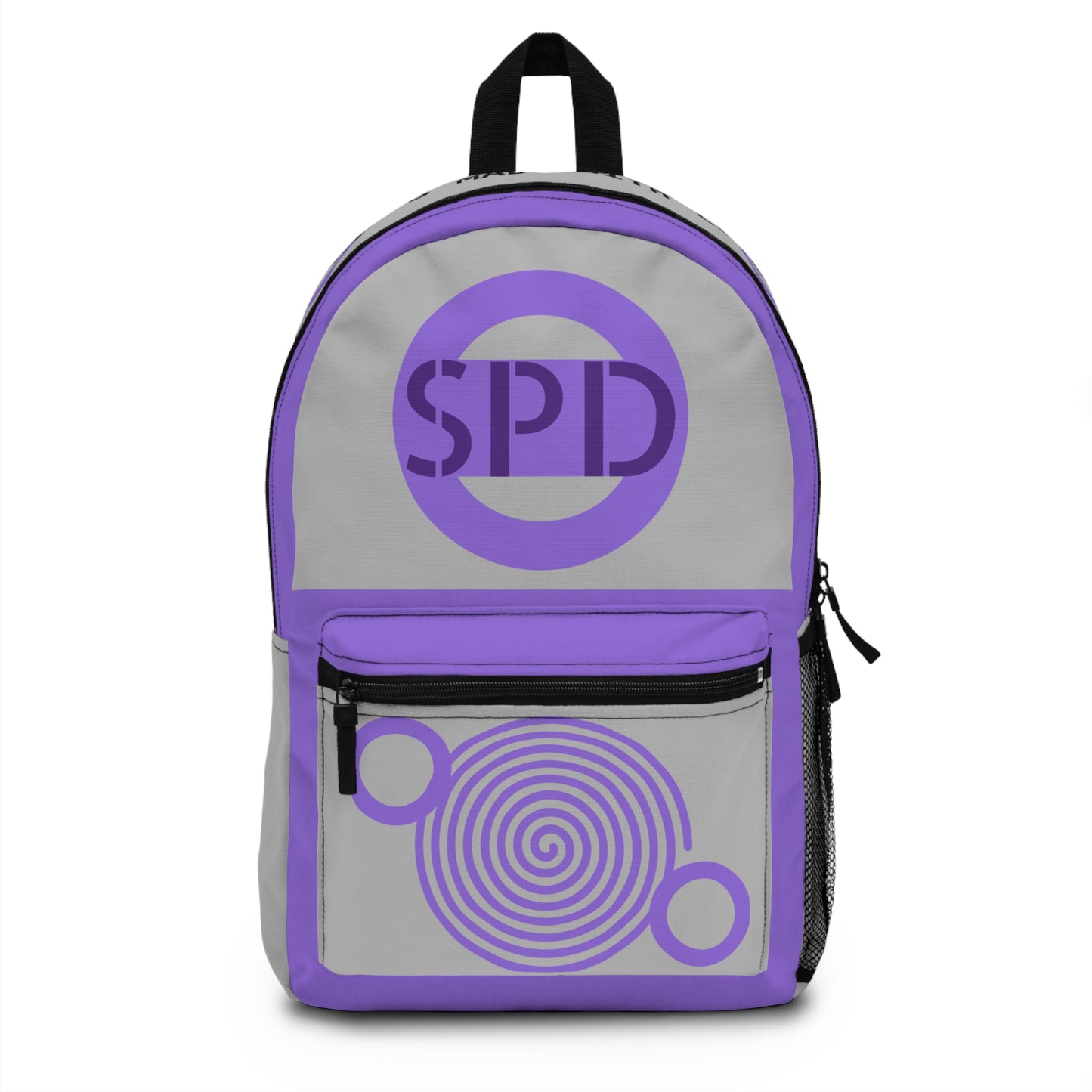 Backpack with purple 'SPD' logo on a white background