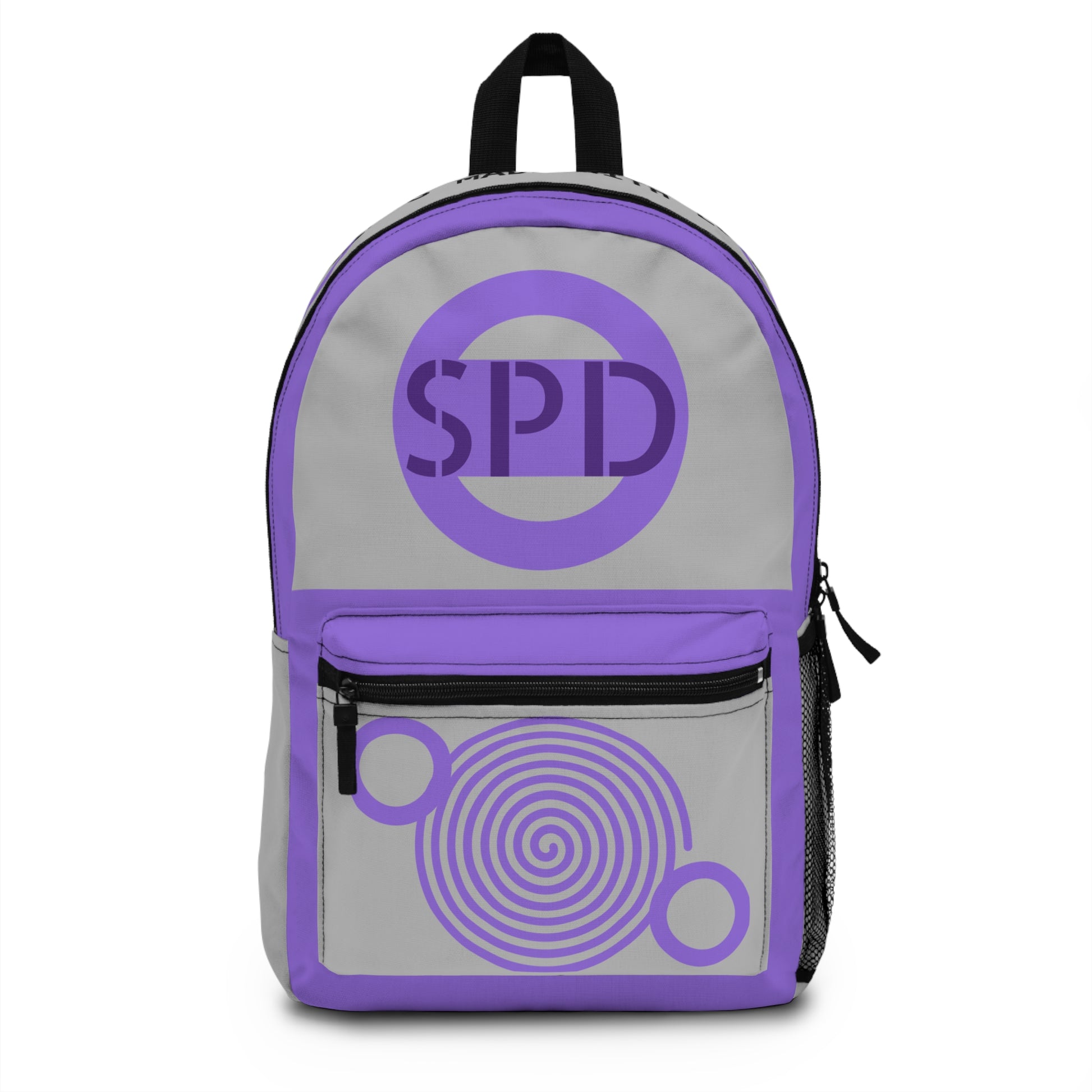 Backpack with purple 'SPD' logo on a white background