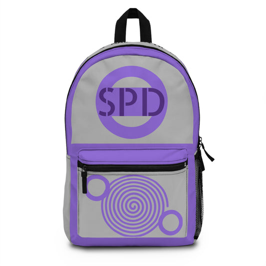 Backpack with purple 'SPD' logo on a white background