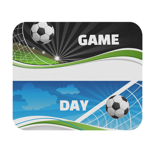 Soccer-themed mouse pad with 'GAME DAY' text and soccer ball graphics.