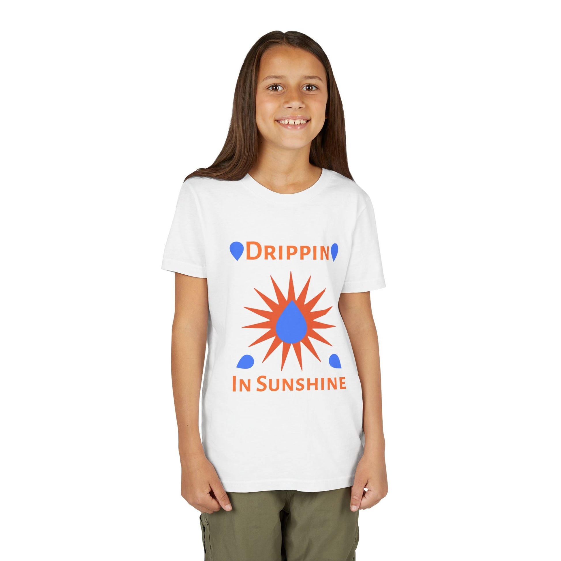 Child wearing white youth short sleeve tee with colorful "Drippin in Sunshine" graphic design