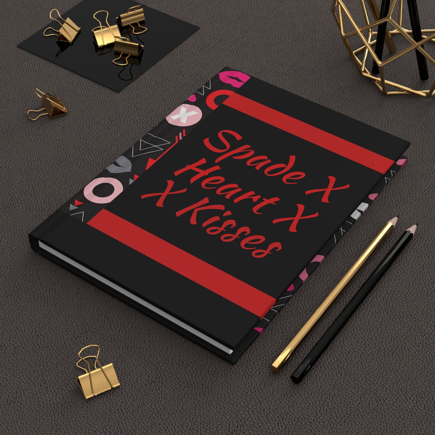 Spade X Heart X Kisses Custom Hardcover Journal | Black Red Pink Pattern