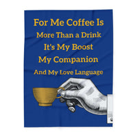 Coffee Lover's Cozy Fleece Blanket with coffee quote and hand holding cup design on blue background