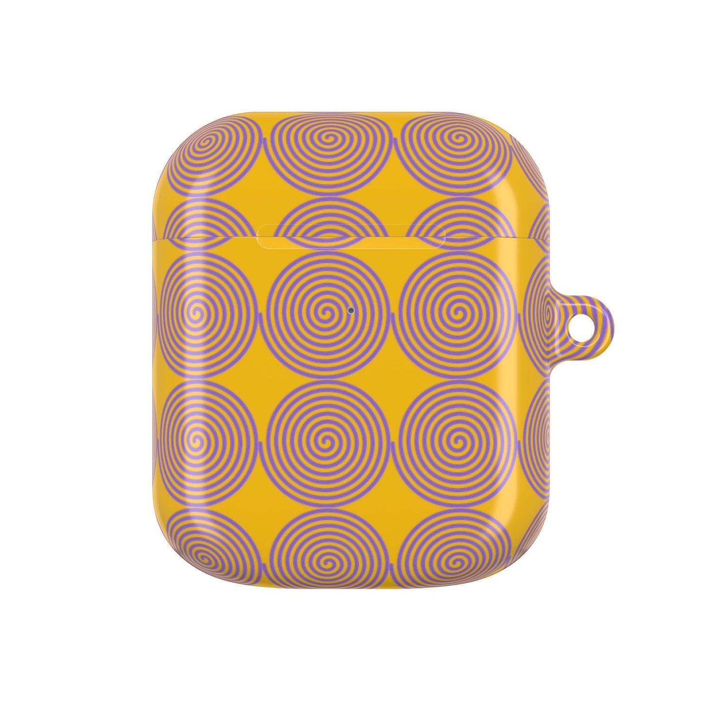 Yellow AirPod case with purple spiral pattern, slim polycarbonate design with carabiner slot