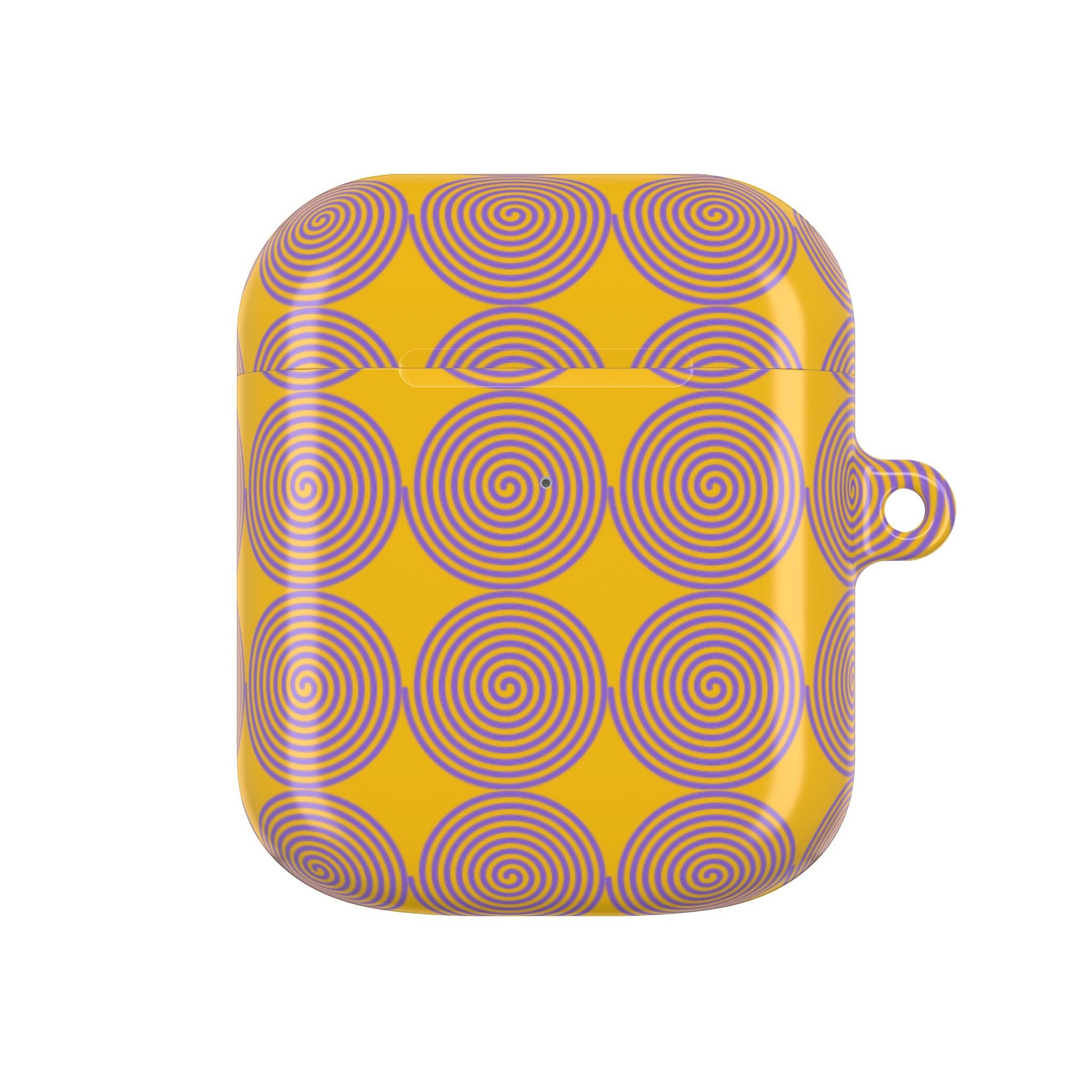 Yellow AirPod case with purple spiral pattern, slim polycarbonate design with carabiner slot