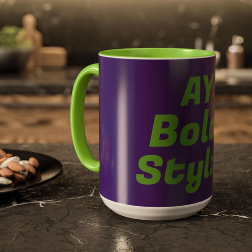 Colorful custom mug with green interior and handle featuring bold text on a purple background, perfect for coffee lovers and home decor.