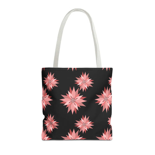 Colorful AOP Tote Bag with pink floral pattern on black background and white handles, reusable shopping bag