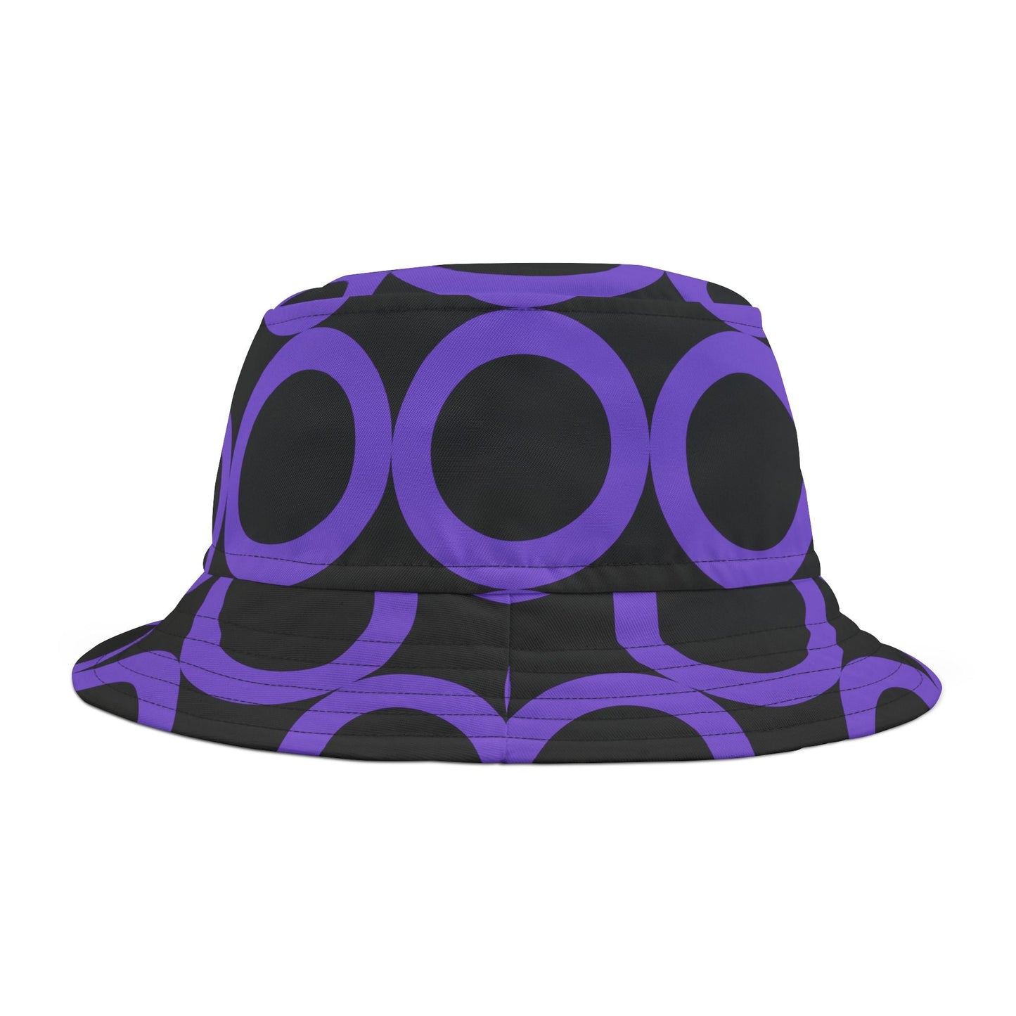 Black bucket hat with vibrant purple dot pattern, adjustable and durable summer sun hat