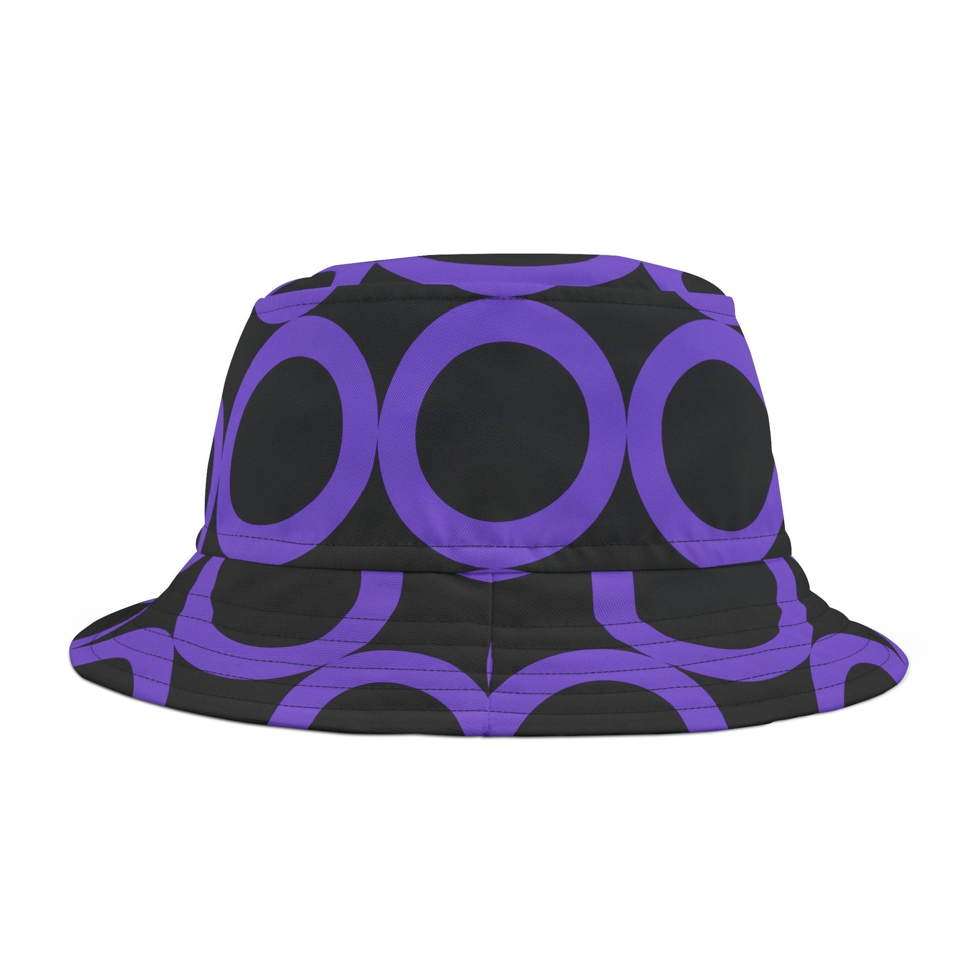 Black bucket hat with vibrant purple dot pattern, adjustable and durable summer sun hat