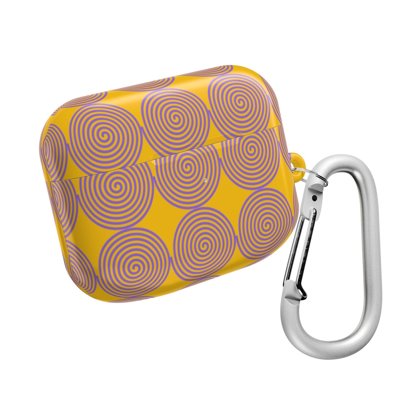 Yellow AirPod case with purple spiral pattern, slim polycarbonate design with carabiner clip