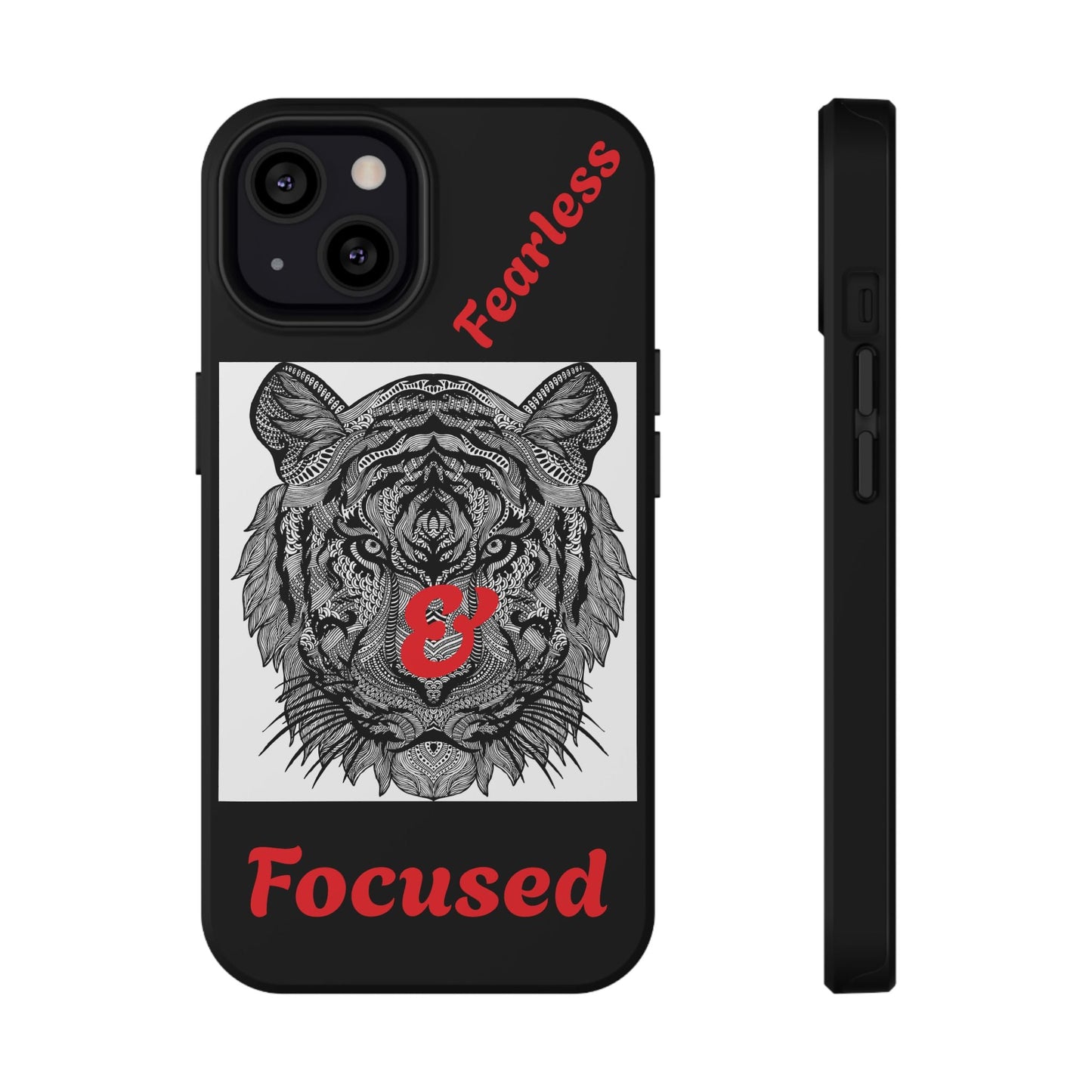 Black tiger phone case with detailed tiger illustration and red "Fearless & Focused" text, impact-resistant design.