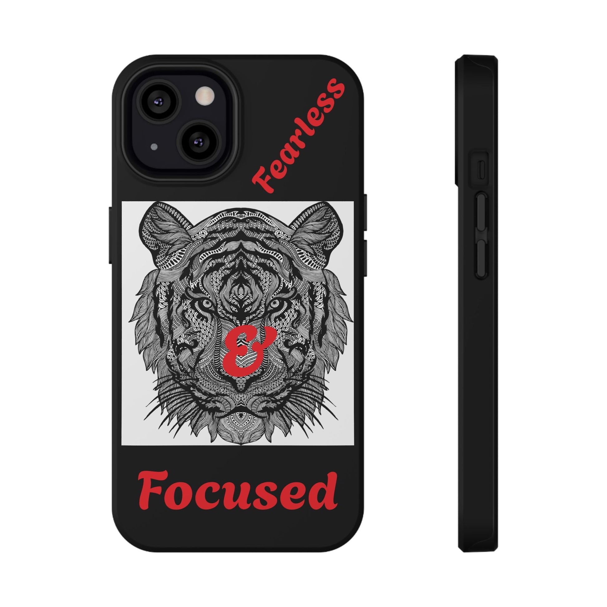 Black tiger phone case with detailed tiger illustration and red "Fearless & Focused" text, impact-resistant design.