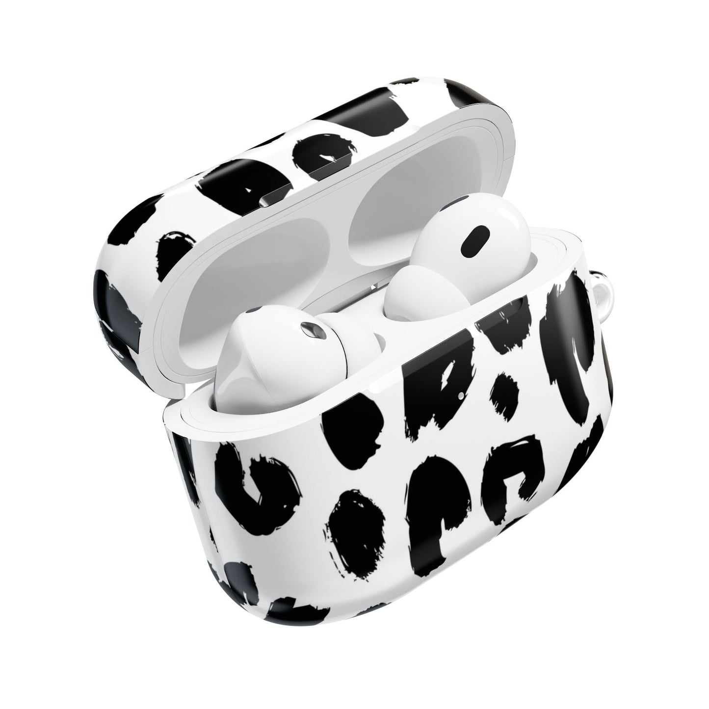 White AirPod case with black leopard print, slim polycarbonate protective cover with gloss finish and carabiner included