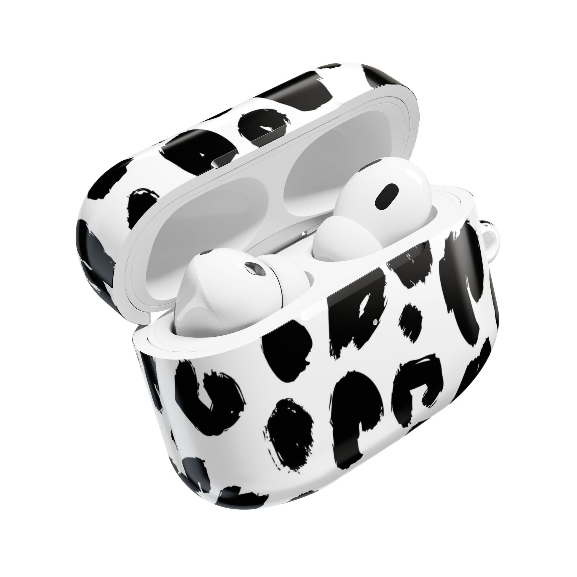 White AirPod case with black leopard print, slim polycarbonate protective cover with gloss finish and carabiner included