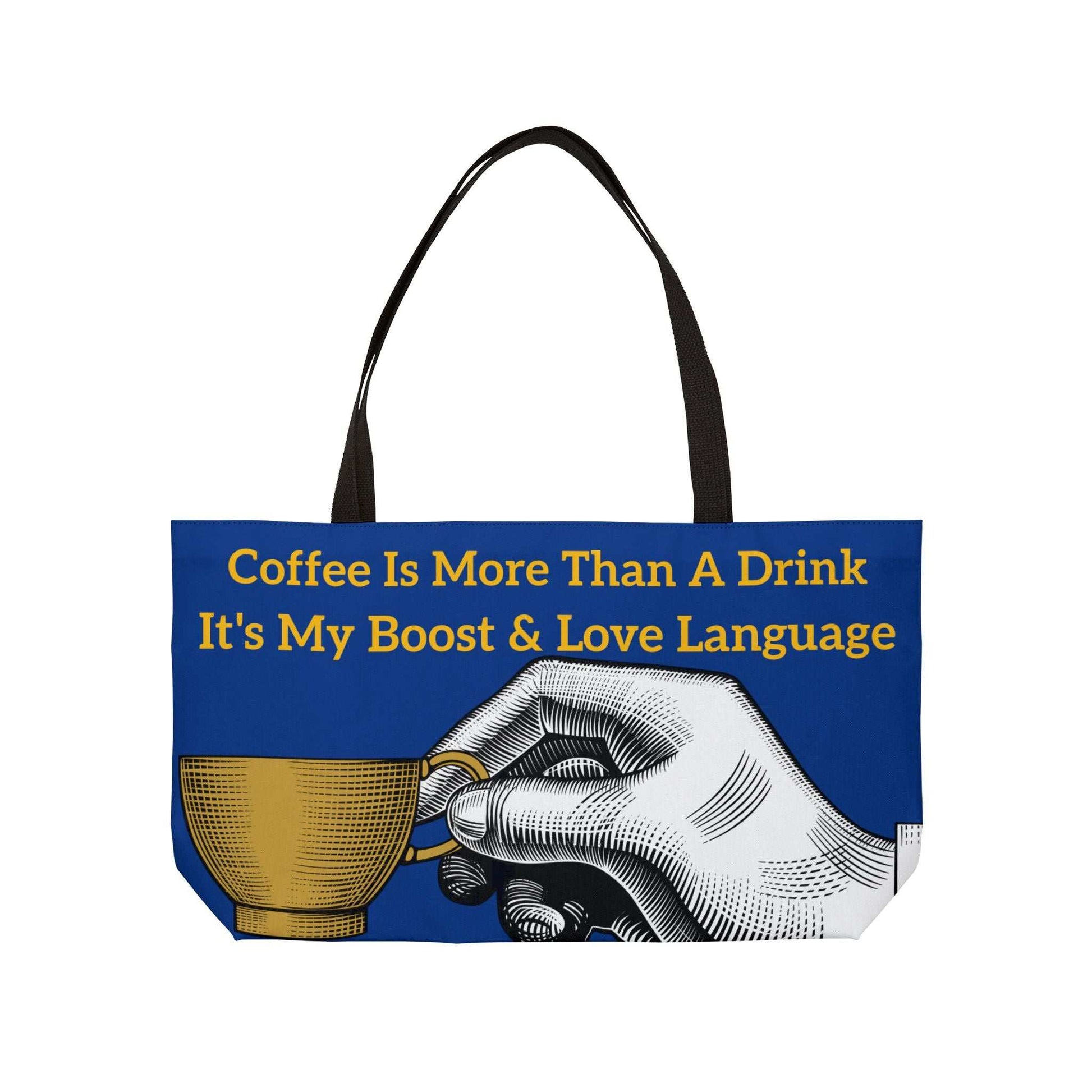 Coffee Lover's Weekender Tote Bag with coffee cup and hand design, blue background, wrinkle-resistant polyester, black handles, 24x13 inches.
