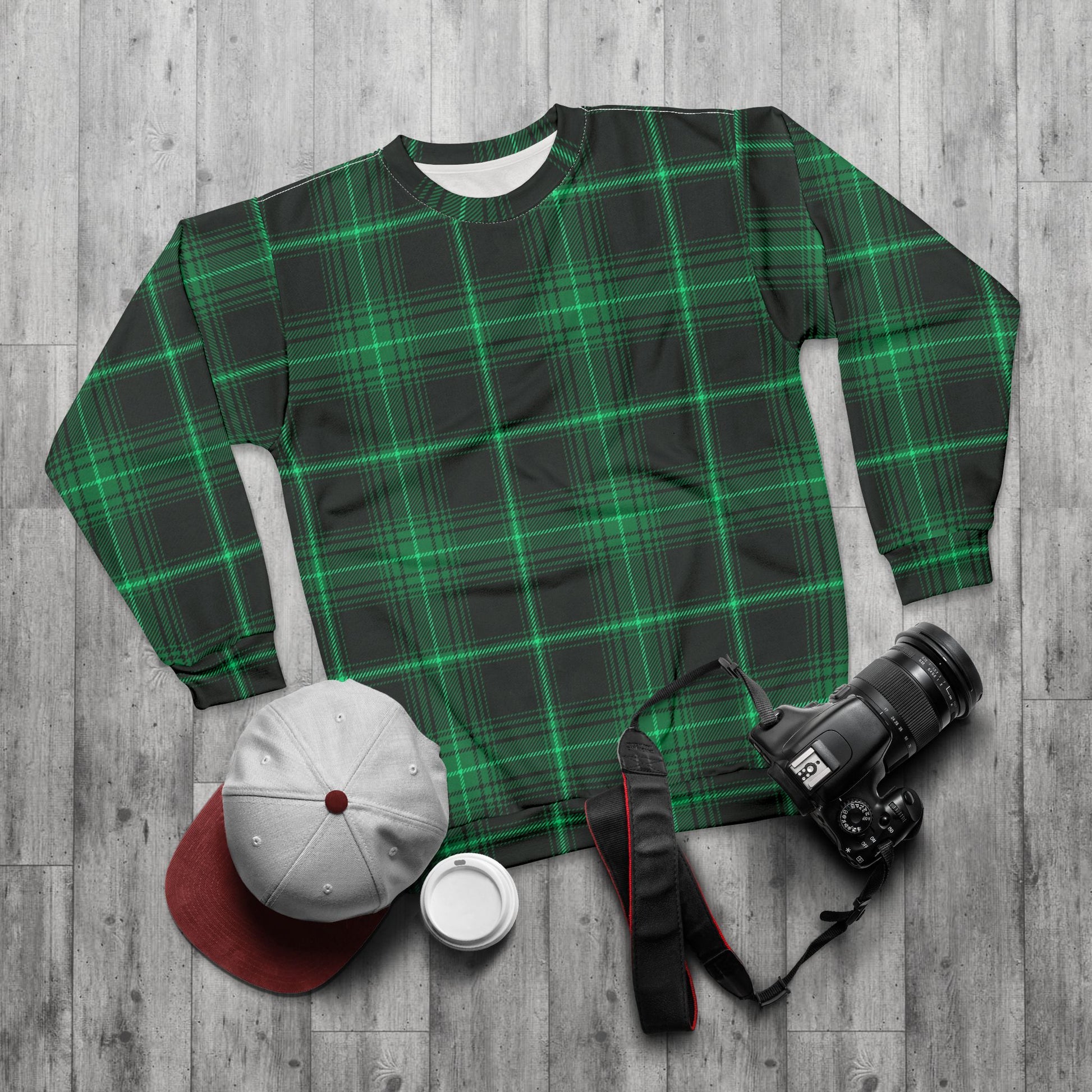 Cozy Green Plaid Unisex Sweatshirt, Holiday Gift, Casual Wear, Trendy Style image 2