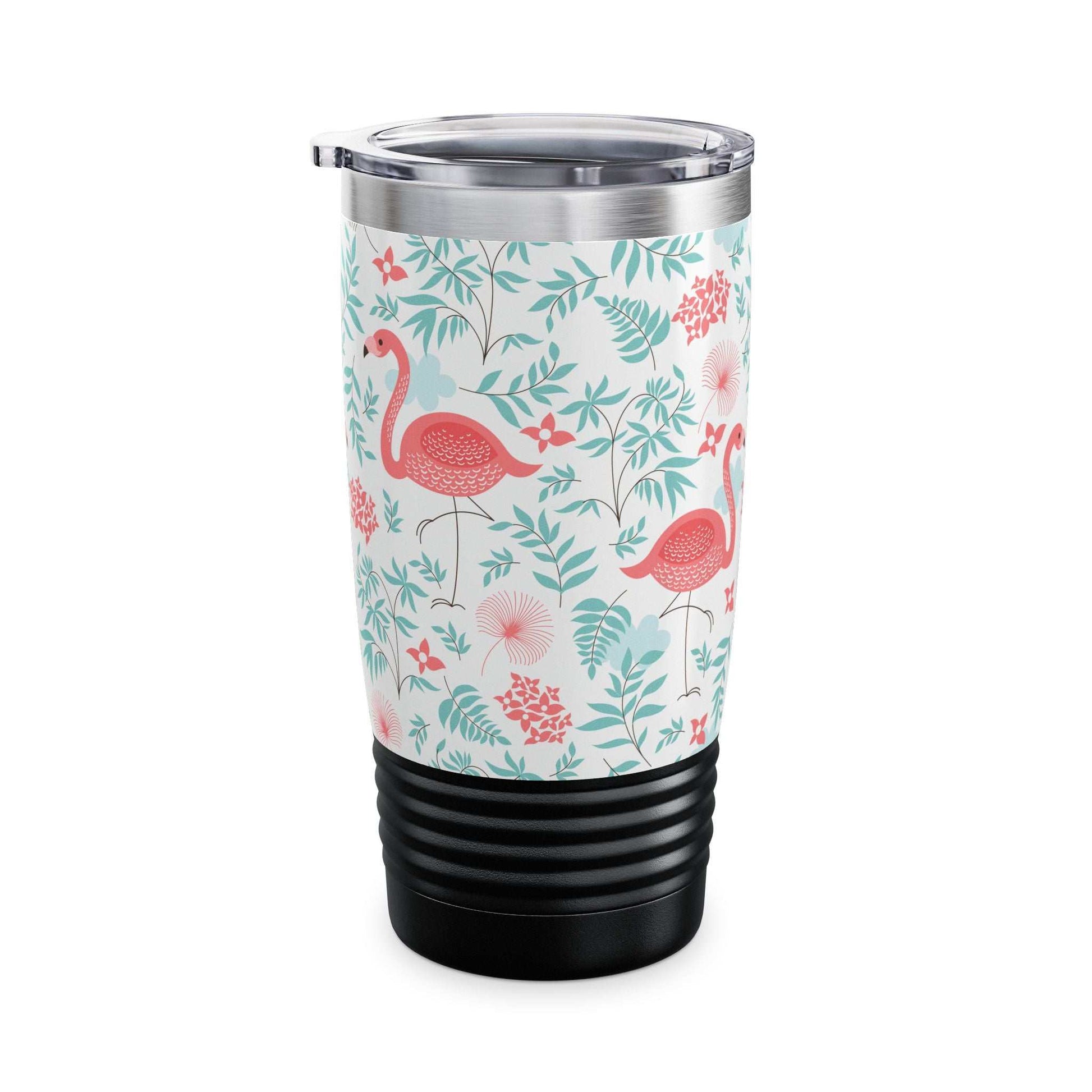 Colorful Landscape Tumbler with flamingo print, ribbed black base, and spill-resistant lid, 20oz travel mug for hot and cold drinks