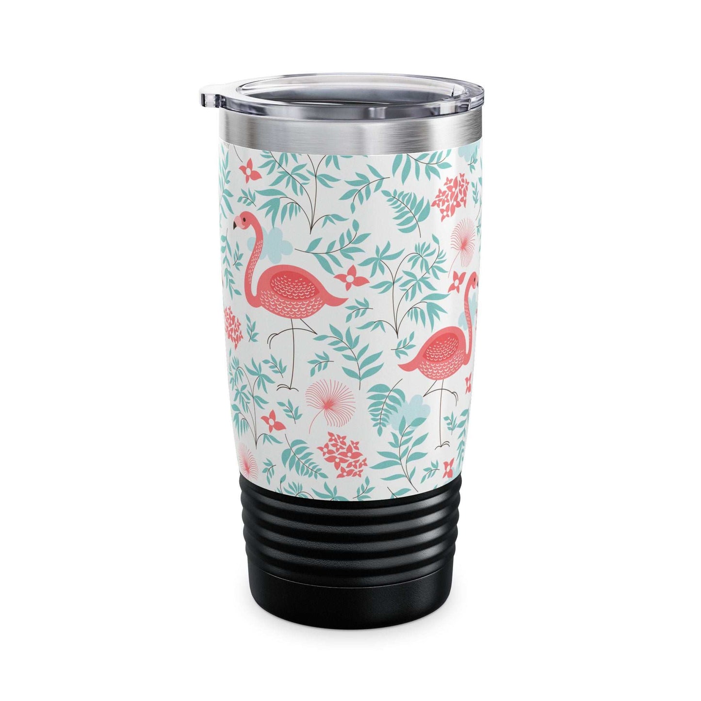 Colorful Landscape Tumbler with flamingo print, ribbed black base, and spill-resistant lid, 20oz travel mug for hot and cold drinks