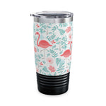 Colorful Landscape Tumbler with flamingo print, ribbed black base, and spill-resistant lid, 20oz travel mug for hot and cold drinks