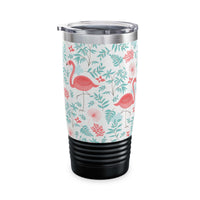 Colorful Landscape Tumbler with flamingo print, ribbed black base, and spill-resistant lid, 20oz travel mug for hot and cold drinks