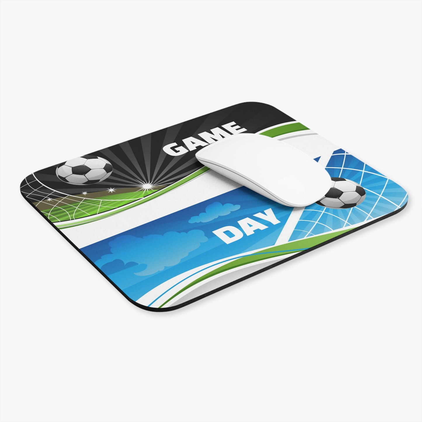Mouse pad with soccer design and a white mouse on a white background