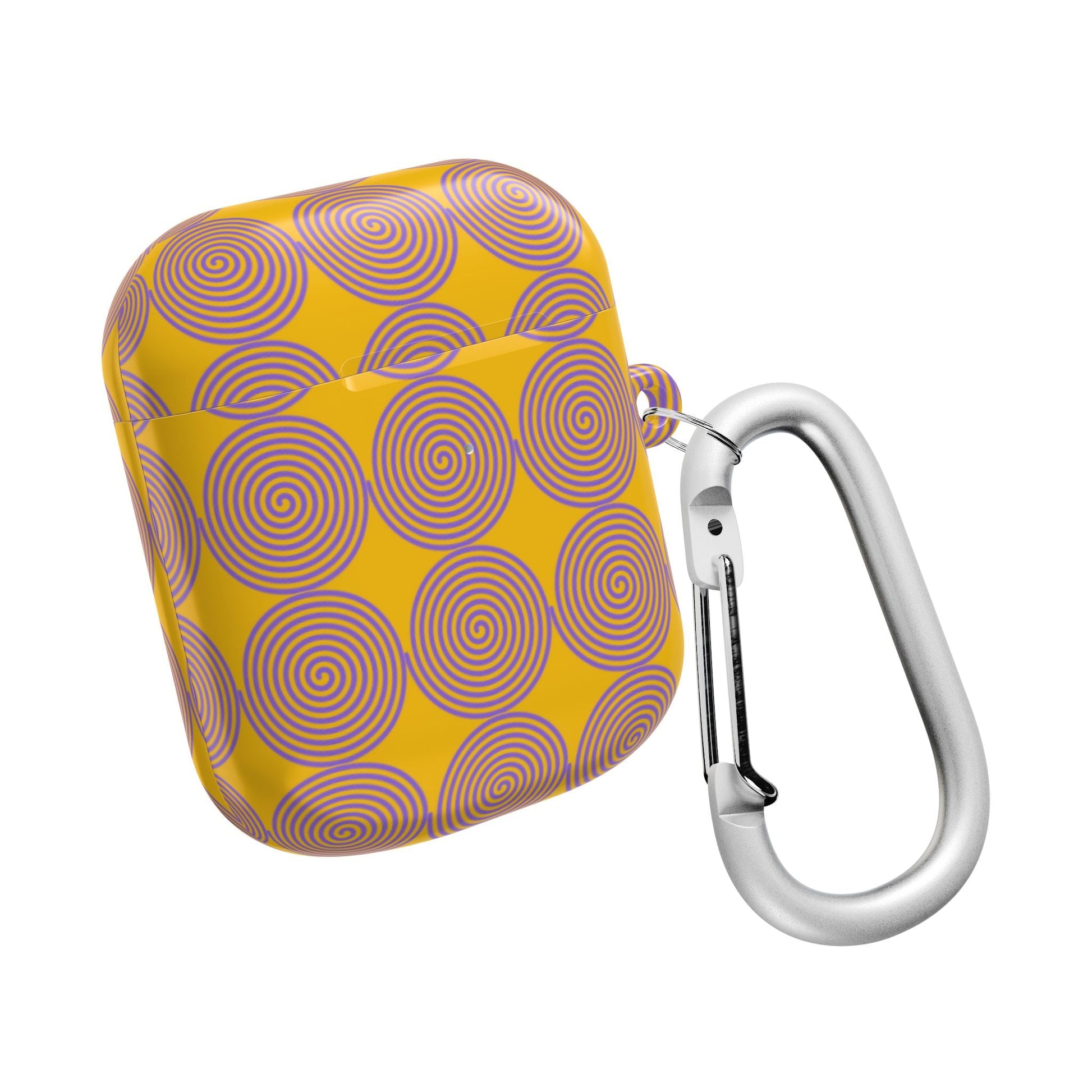 Yellow AirPod case with purple spiral pattern and attached silver carabiner clip