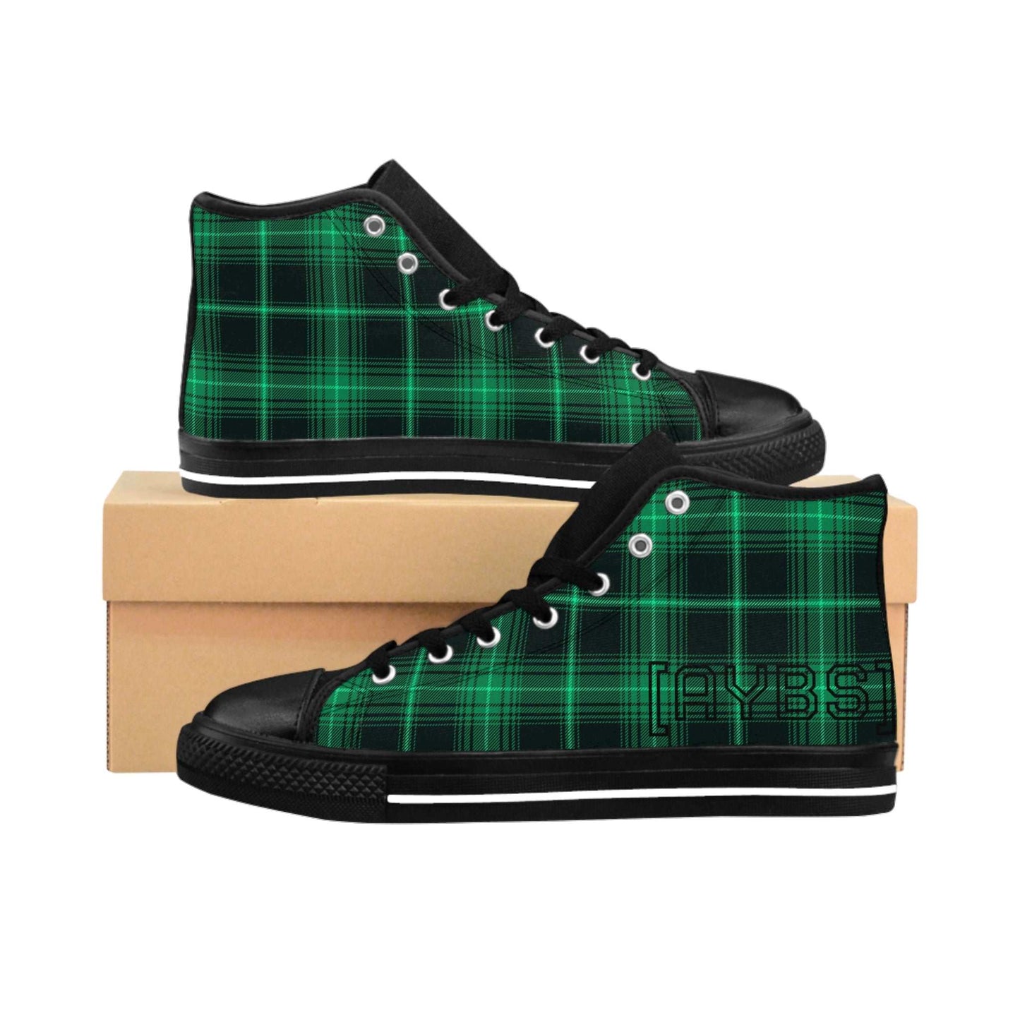 Green plaid sneakers for men with black toe caps and soles on a cardboard box