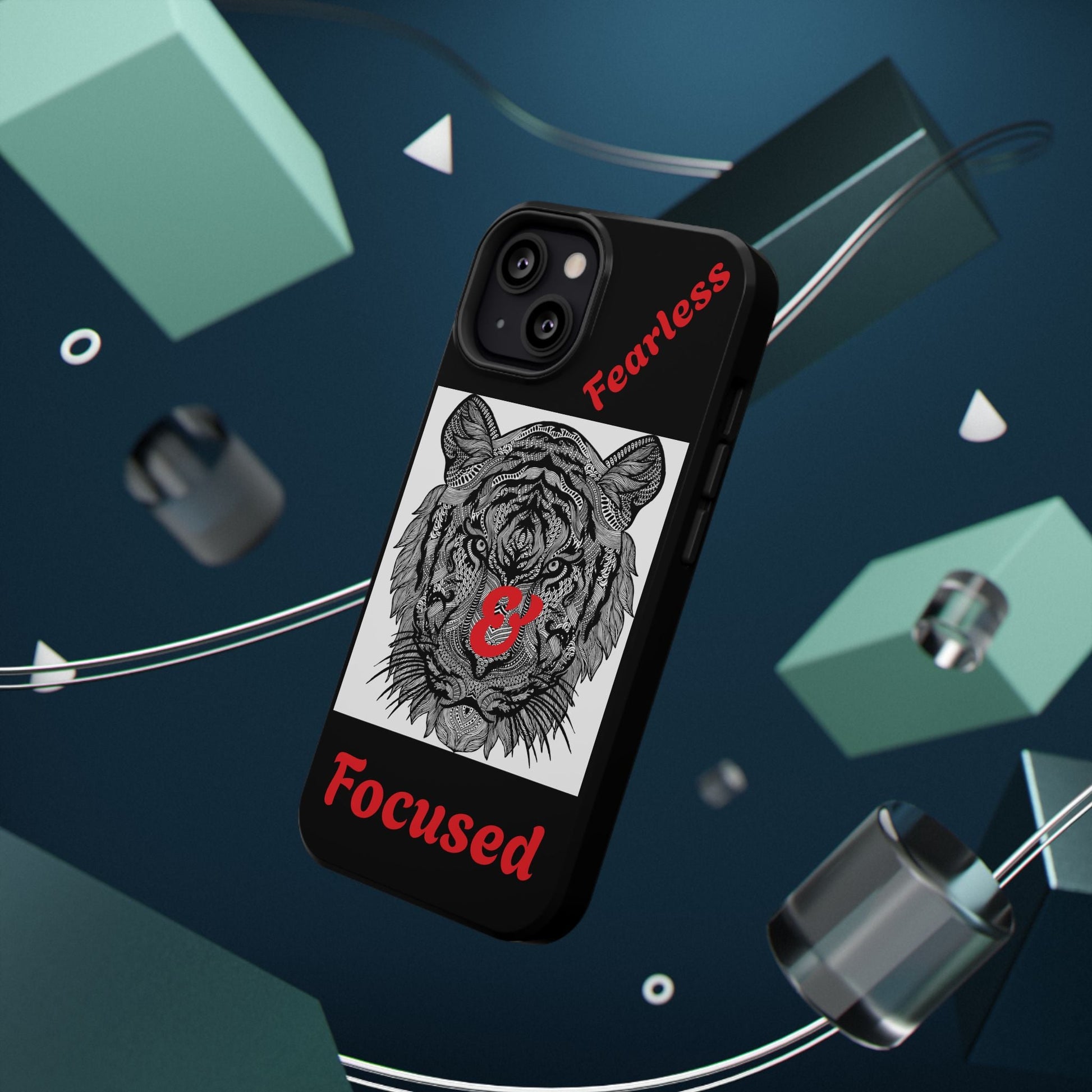 Black tiger phone case with detailed tiger face, "Fearless & Focused" red text, impact-resistant dual-layer design