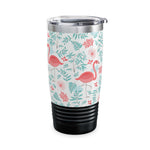 20oz colorful landscape tumbler with flamingo print, ribbed black bottom, and spill-resistant lid for travel and outdoor use