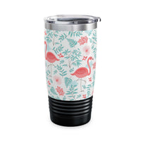 20oz colorful landscape tumbler with flamingo print, ribbed black bottom, and spill-resistant lid for travel and outdoor use