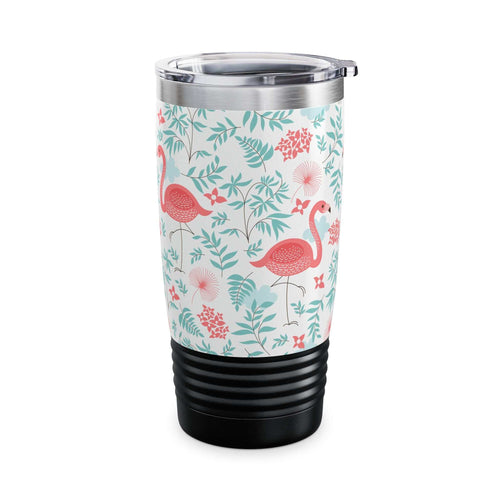 20oz colorful landscape tumbler with flamingo print, ribbed black bottom, and spill-resistant lid for travel and outdoor use