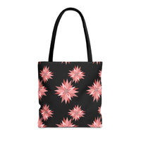 Colorful AOP tote bag with pink flower pattern on black background, durable polyester reusable shopping bag with black handles