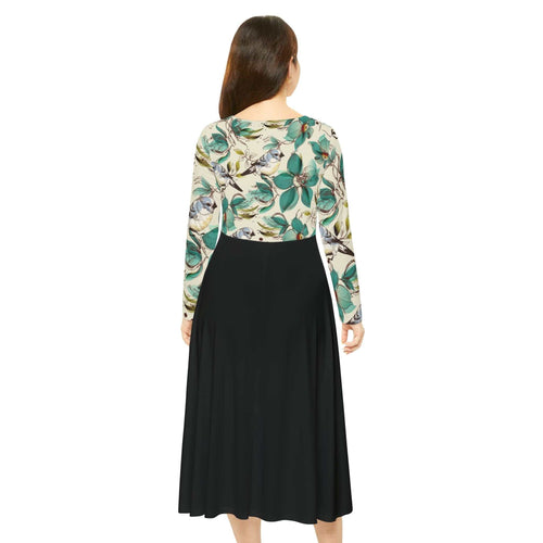 Women's long sleeve dance dress with floral top and black flowing skirt viewed from back