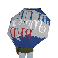 Stylish foldable umbrella with blue and red "Bed Blue" design, compact travel rain and sun protection accessory
