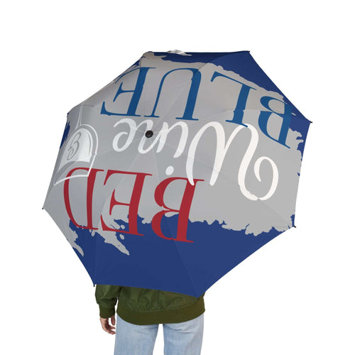 Stylish foldable umbrella with blue and red "Bed Blue" design, compact travel rain and sun protection accessory