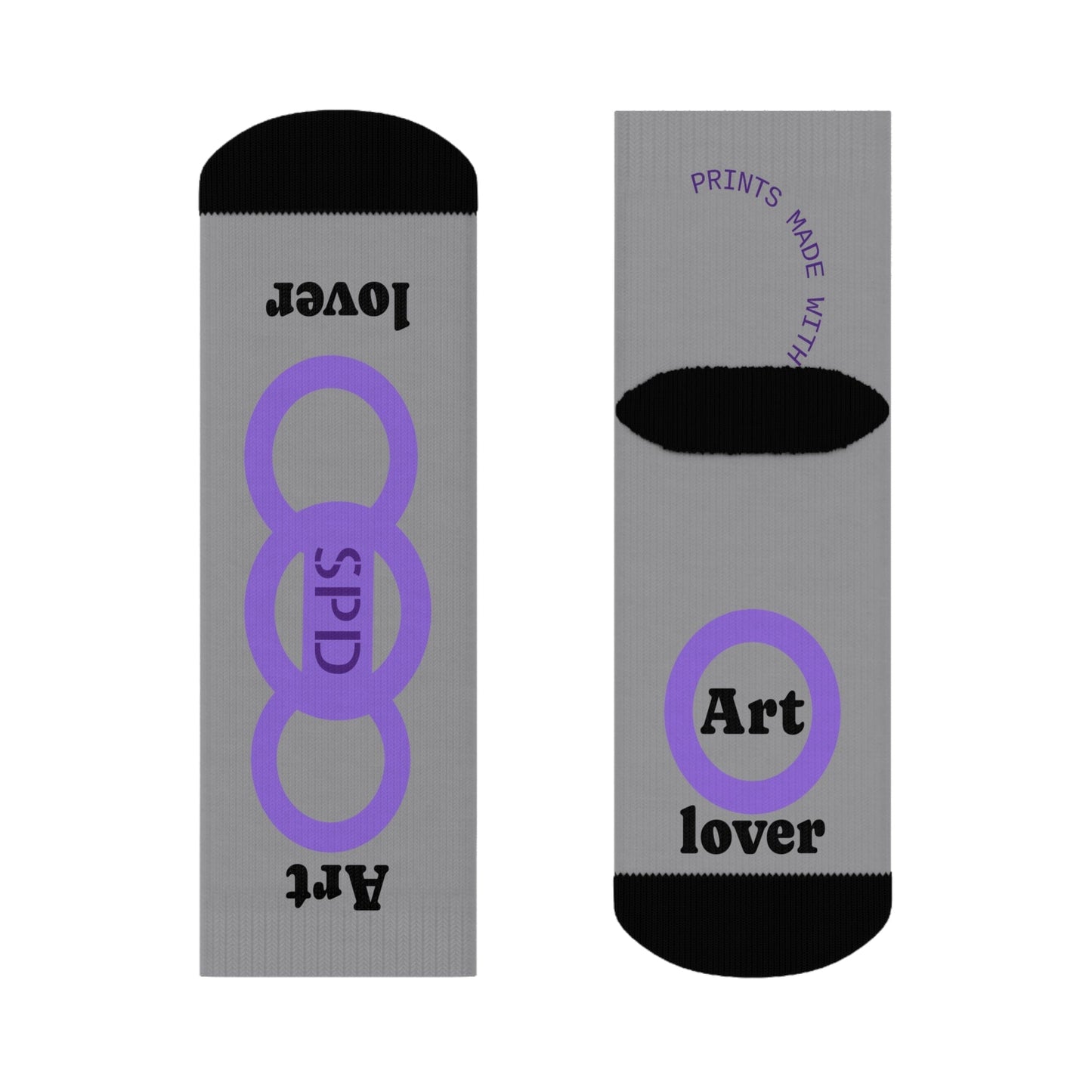 Two socks with purple circular designs and text on a white background
