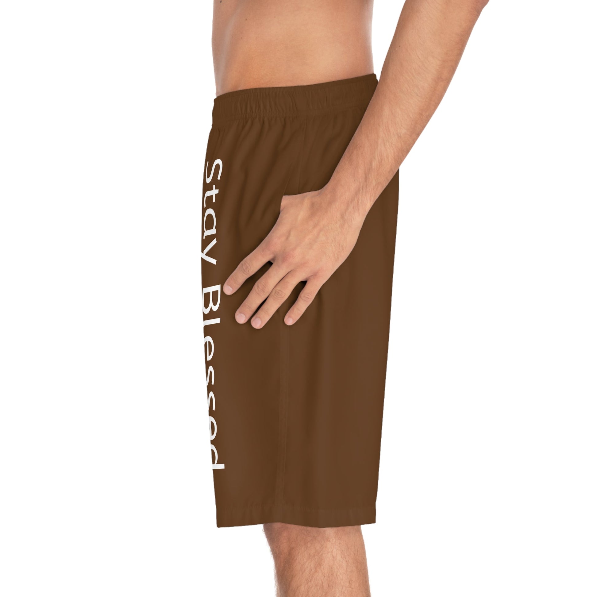 Stay Golden Men's Board Shorts brown with "Stay Blessed" text, elastic waistband, side pockets, lightweight summer wear