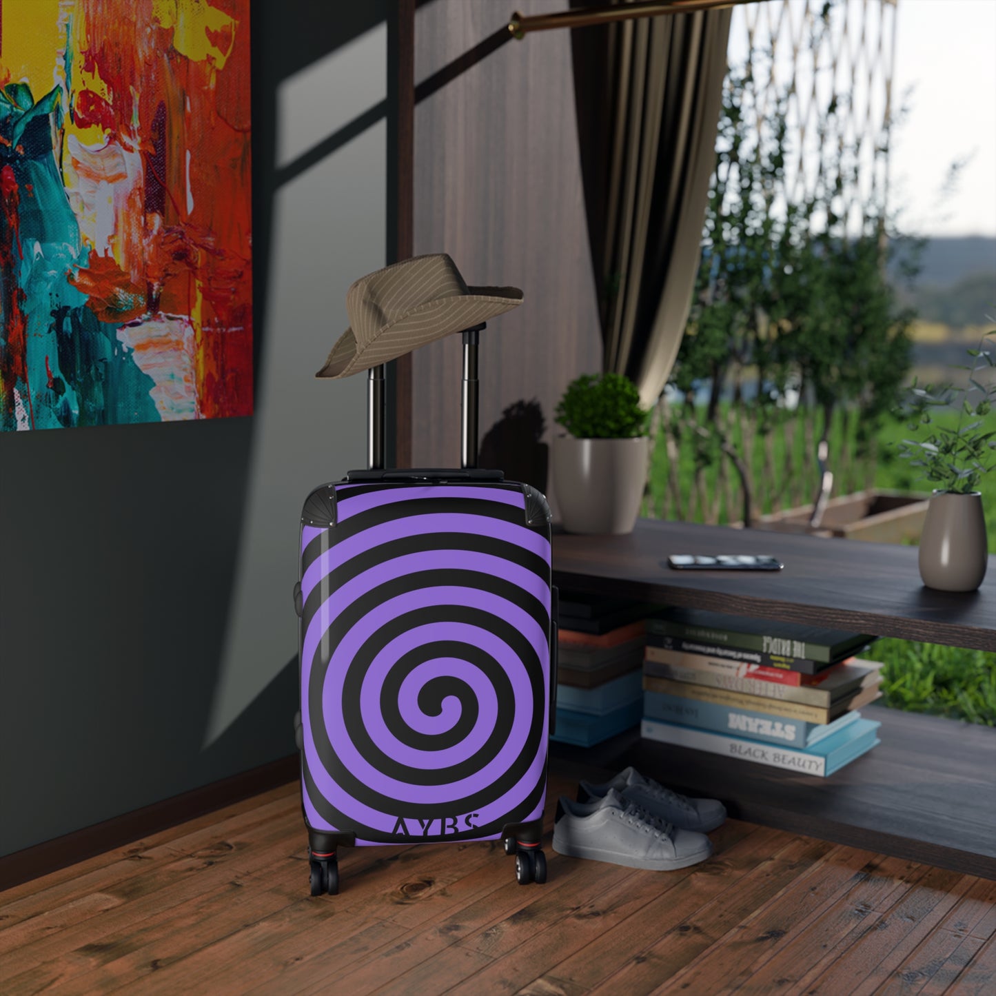 Spiral Pattern Suitcase | Unique Gift for Travelers | Black and Purple Design image 1