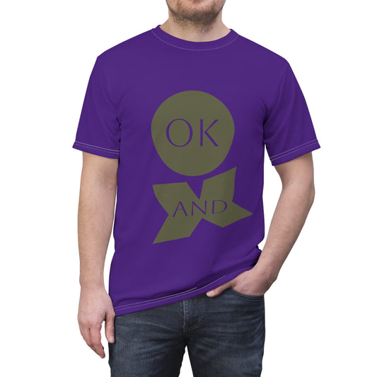 Person wearing a purple t-shirt with a graphic design on a white background
