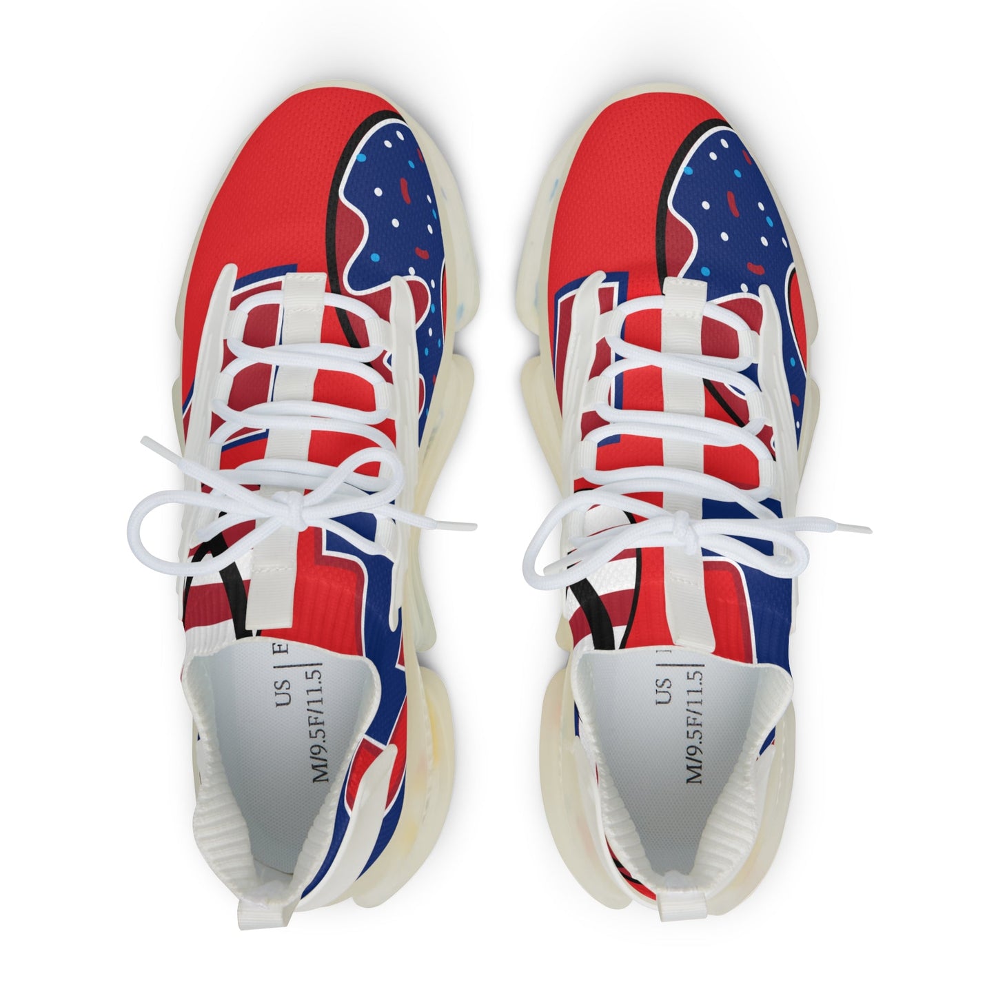 Vibrant men's mesh sneakers with red, blue, and white all-over print and white laces viewed from top