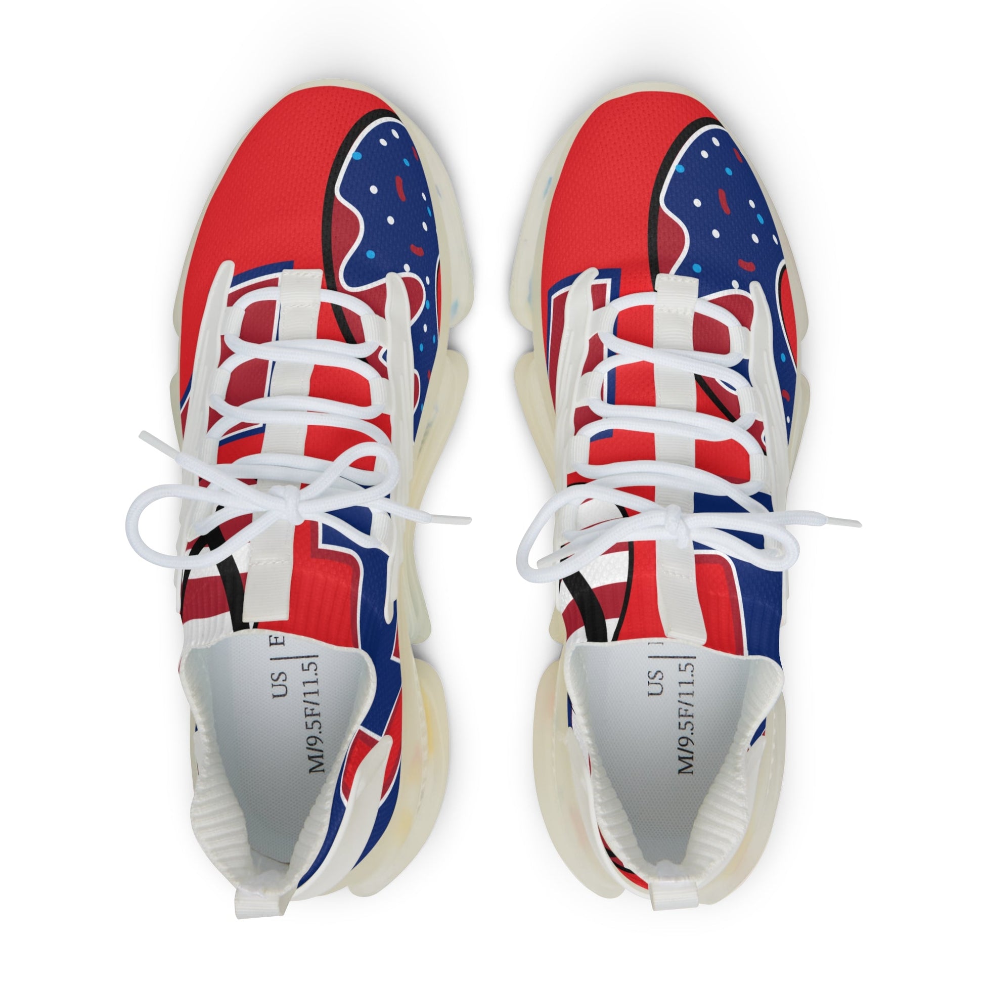 Vibrant men's mesh sneakers with red, blue, and white all-over print and white laces viewed from top